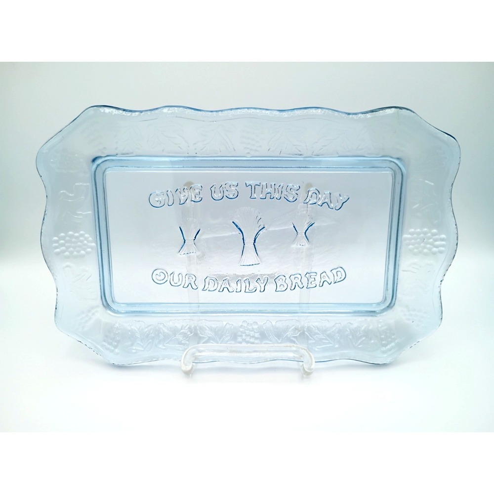Tiara Indiana Glass Ice Blue "Give Us This Day Our Daily Bread" Tray Plate